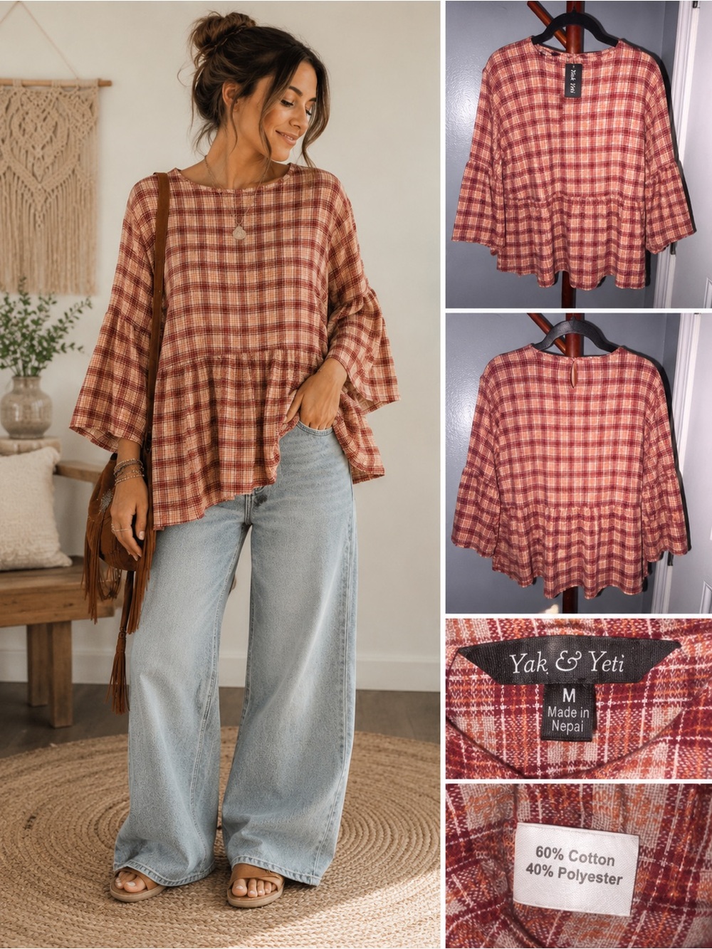 NWT Yak & Yeti Plaid Peplum Blouse Medium Handmade Fair Trade Boho Top - Size M